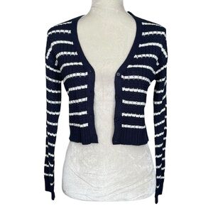 No Comment Striped Crop Cardigan Sweater Women’s Size S Nautical Navy White